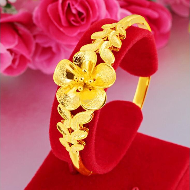 Vòng tay mạ vàng hình cỏ bốn lá/hoa nở/ hoa sen cầu tài lộc phong cách Trung Hoa làm quà ngày tình nhân cho nữ