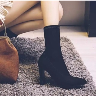 Boots cao gót nữ bốt vải bo trên ôm cổ chân