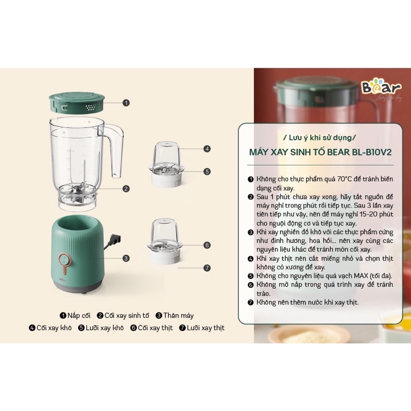 Máy xay đa năng Bear 3 cối cao cấp, xay sinh tố, ăn dặm