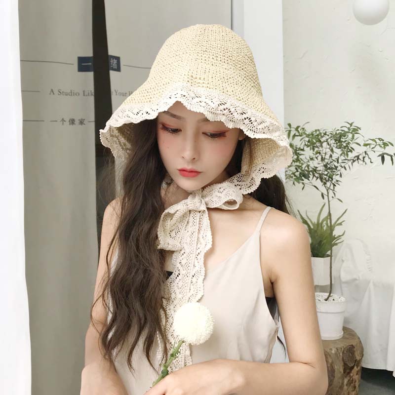 Mũ Cói Rộng Vành Phối Ren Chống Tia Uv Thời Trang Đi Biển Mùa Hè Cho Nữ Sự Bảo Vệ