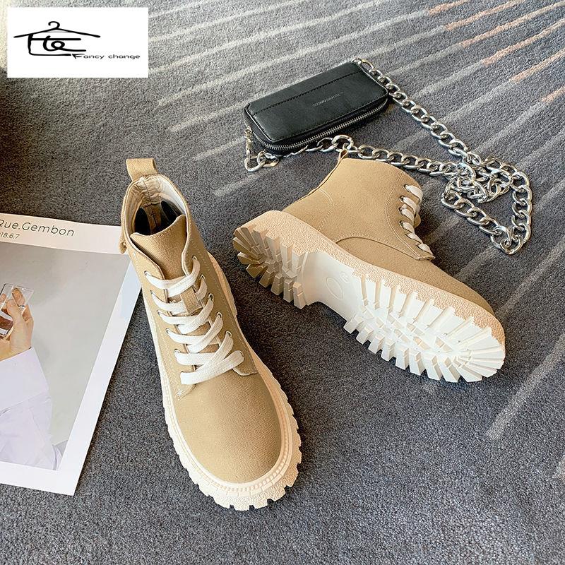 Giày bốt martin vải bạt cột dây đế dày Anh Quốc thời trang hè thoải mái dễ phối đồ thích hợp cho nữ 2022