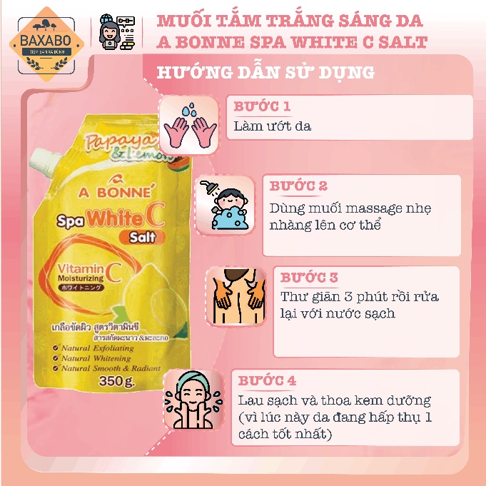 MUỐI TẮM VITAMIN C A BONNE GIÚP TRẮNG SÁNG DA - VỊ ĐU ĐỦ & CHANH - A BONNE SPA WHITE C SALT - CHÍNH HÃNG THÁI LAN - 350G