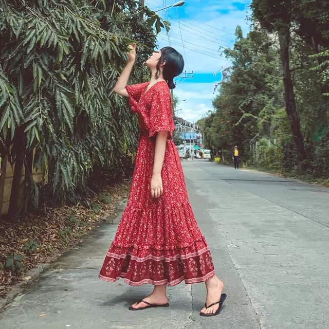 (Ảnh thật) Váy đầm maxi boho thổ cẩm vintage dáng dài tay ngắn cổ V xoè tua rua hoạ tiết đi du lịch chụp ảnh