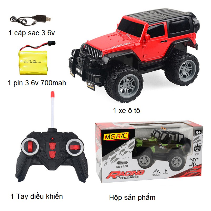 Xe ô tô địa hình Jeep điều khiển từ xa đồ chơi trẻ em sử dụng pin sạc mô hình xe tỉ lệ 1:18