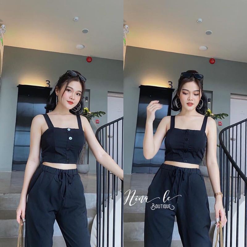 Set áo hai dây đính nút và quần dài