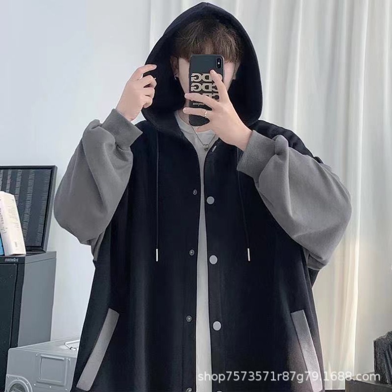 Áo khoác mũ bomber phối đen ghi