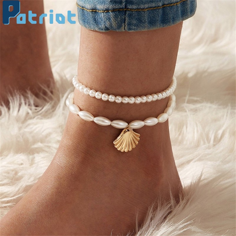 Lắc Chân Hai Lớp Đính Hạt Ngọc Trai Và Vỏ Sò Thời Trang Cho Nữ