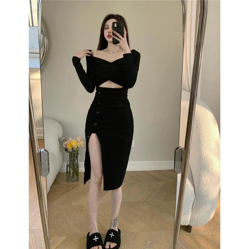 Đầm Đen Nhỏ Xẻ Tà Ôm Eo Thời Trang Cho Nữ