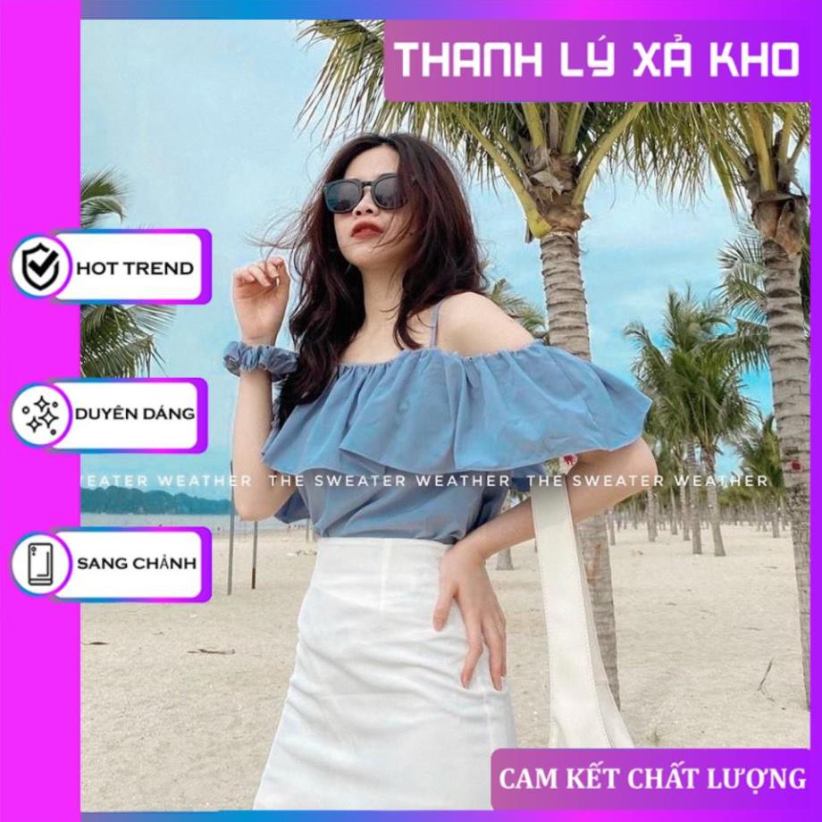 Set Áo Trễ Vai Xanh Mix Chân Váy Đũi Trắng Dài, Áo Lụa Mềm