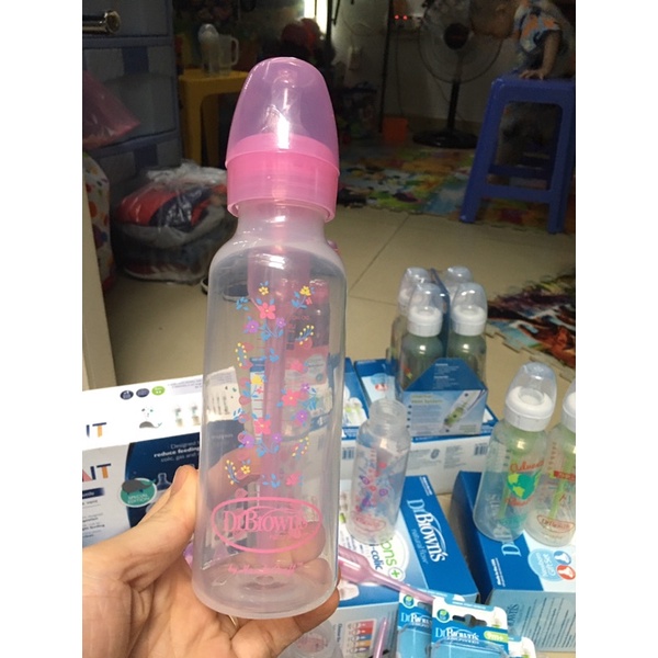 Bình sữa dr brown cổ hẹp hoạ tiết hồng/ xanh dương 250ml