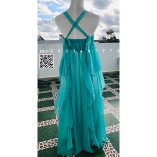 Đầm maxi thần tiên tua rua retro tông xanh biển