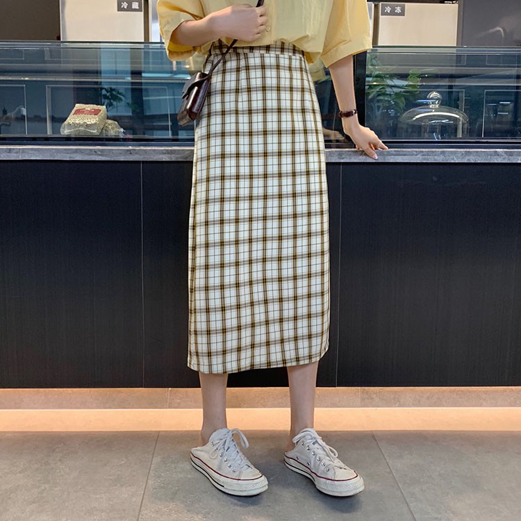 SUXI Chân Váy Chữ A Lưng Cao Họa Tiết Kẻ Sọc Phong Cách Hàn Quốc