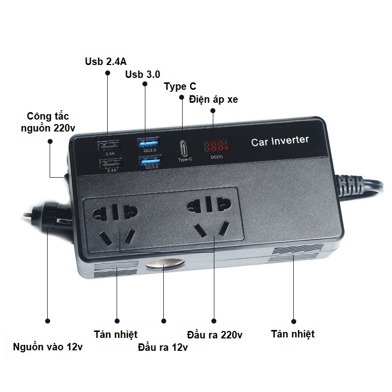 Bộ chuyển đổi điện cao cấp 12V - 220v 200W có dây đầu cắm ô tô có cổng sạc nhanh Usb 3.0
