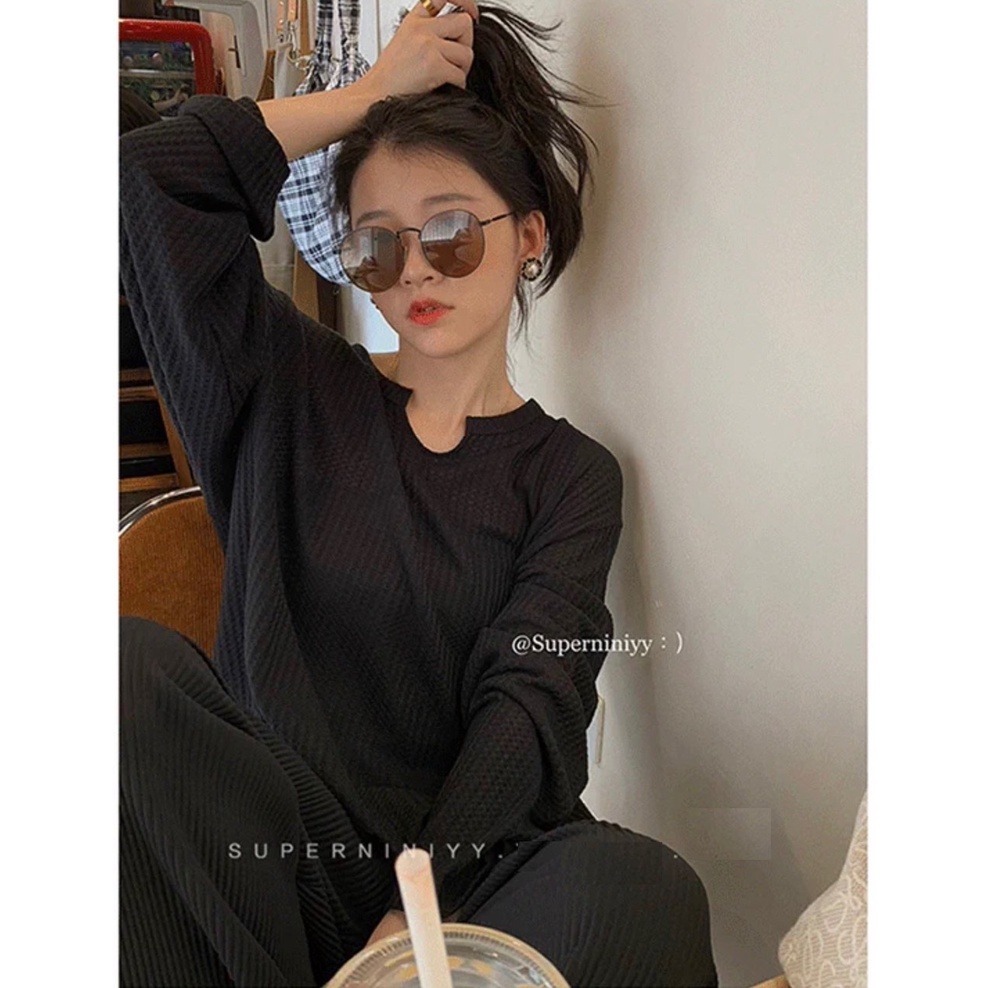 Áo Len Cổ Giọt Lệ Form Rộng,🌺 KemStore 🌺, Áo Thun Gân Dài Tay Vintage 3 Màu ĐEN TRẮNG HỒNG