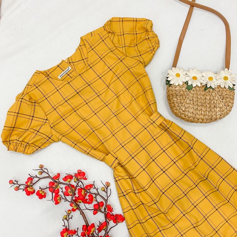 Đầm váy midi kẻ ô cột eo 2 màu