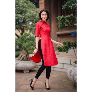 Áo dài gấm hoa hồng