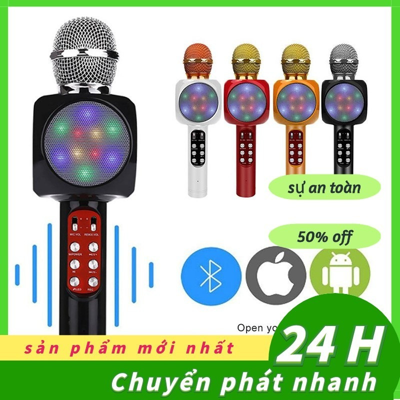 Micrô Hát Karaoke Loa Không Dây Bluetooth Cầm Tay Có đèn LED Phát Sóng FM Cho Máy Nghe Nhạc