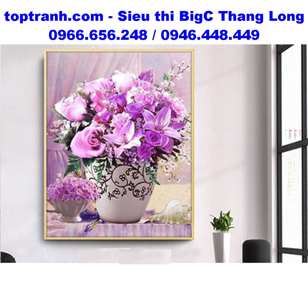 Tranh thêu chữ thập bình hoa hồng tím khoe sắc E171 chưa thêu