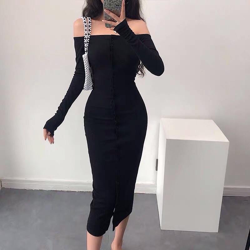 Váy Đầm Body Trễ Vai Len Tăm Tay Dài Phối Cúc - Đầm trễ vai - váy bẹt vai - hàng thiết kế