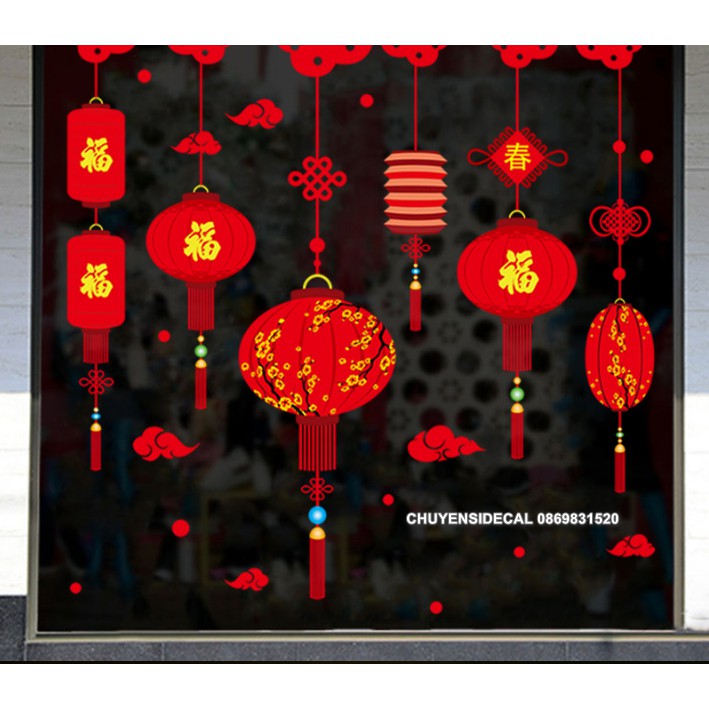 Decal trang trí Tết - Lồng đèn hoa sắc đỏ