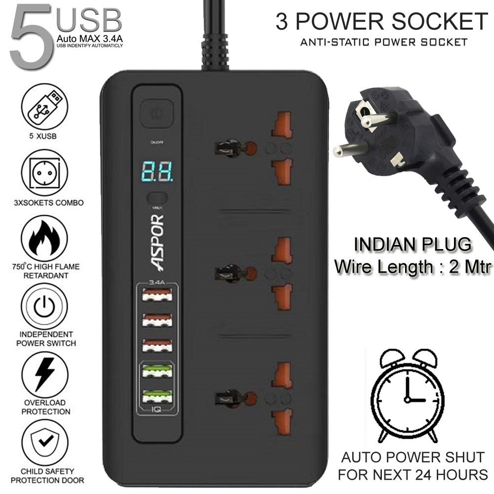 Ổ cắm điện - Ổ điện hẹn giờ thông minh chính hãng ASPOR A503 tự điều áp với 5 cổng USB Sạc nhanh 3.4A