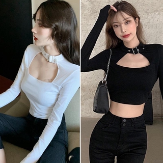 Áo Croptop Tay Dài Thiết Kế Dây Đan Chéo Ngực Quyến Rũ