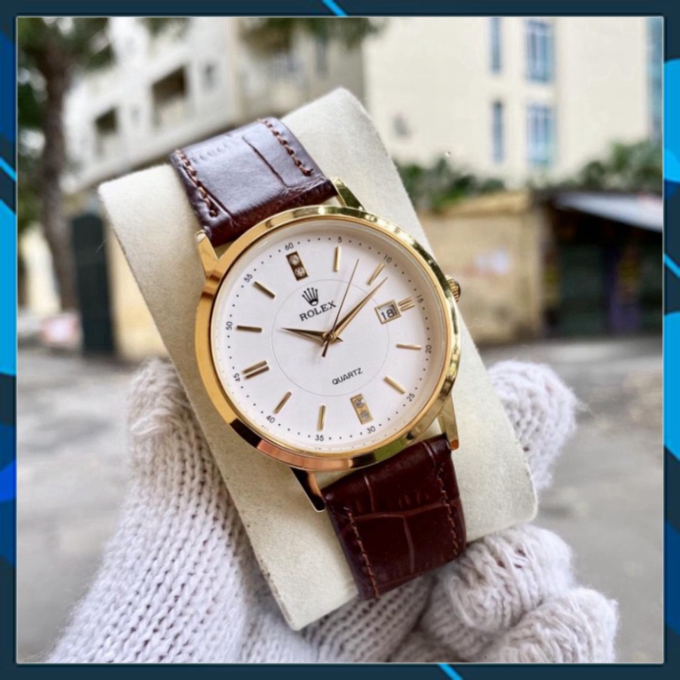 (MTP.46) Đồng hồ Nam Rolex R075A classic đơn giản, dây da mềm, đính kim cương. (Bảo hành 12 tháng) tặng kèm vòng đeo tay