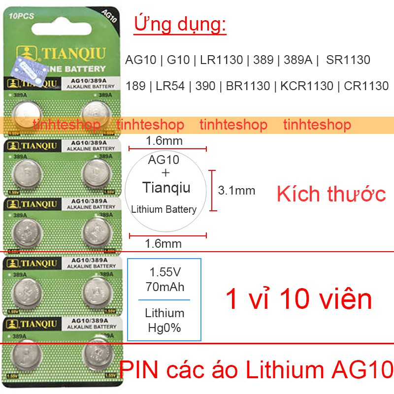 PIN nhỏ cúc áo AG10 SG10 G10-A SR54 LR54 189 387 389 390 LR1130 SR1130 LR1131 SR1131 1138SO Tianqiu 1 vỉ 10 viên