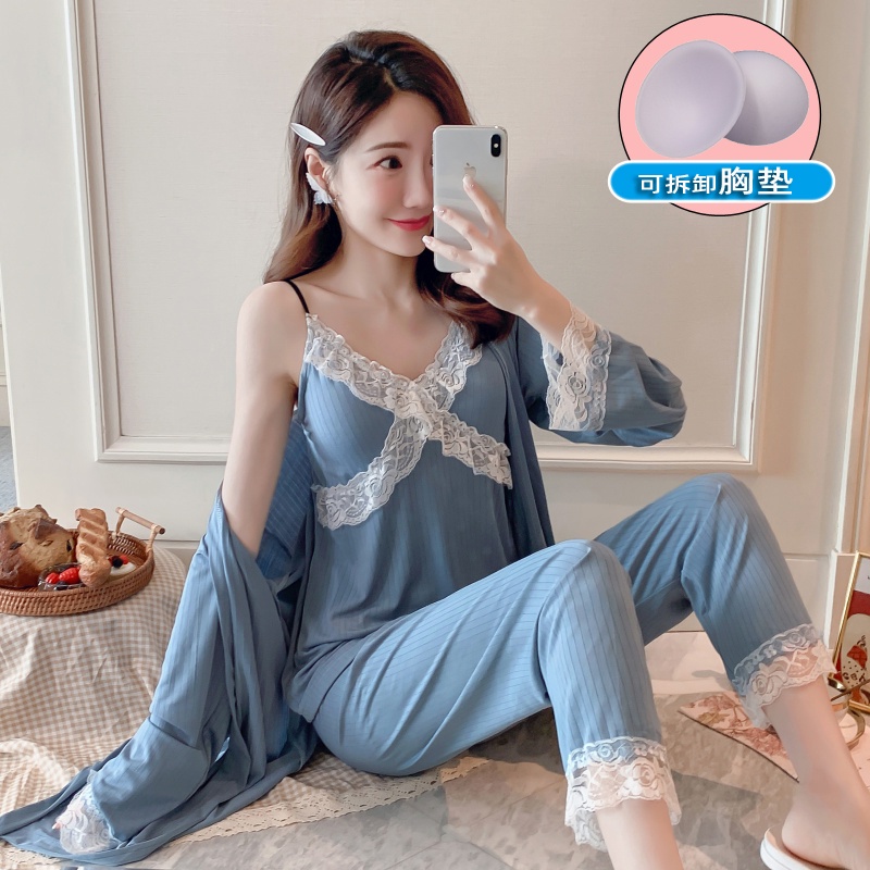 Bộ Đồ Ngủ Ba Mảnh Gồm Áo Khoác Cotton Màu Trơn Có Đệm Ngực Và Dây Đeo Ngực Thời Trang Xuân Thu Năm 2021 Dành Cho Nữ | BigBuy360 - bigbuy360.vn