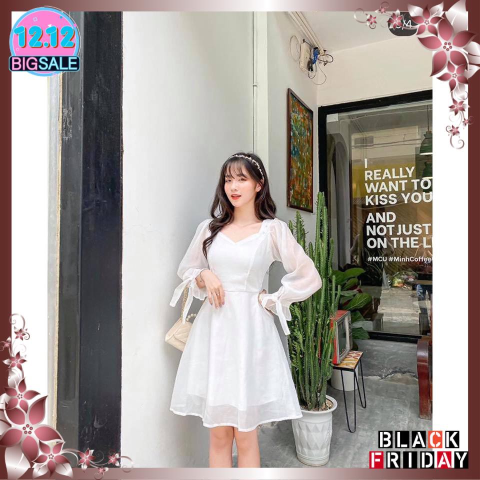 Đầm trắng dáng xòe cổ vuông phối nút bọc tay nơ [KÈM ẢNH THẬT] | BigBuy360 - bigbuy360.vn
