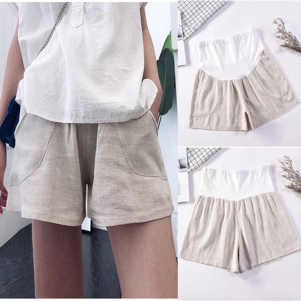 Quần đùi bầu chất cotton và linen có đáp bụng
