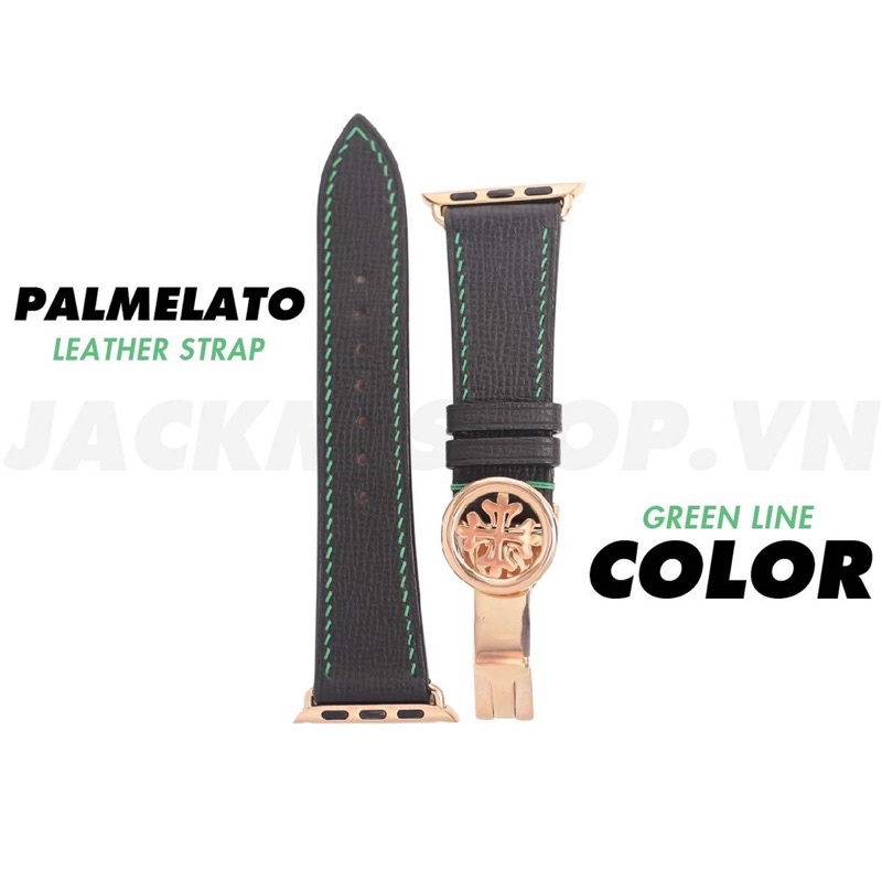 [DÂY DA THẬT] DÂY DA PALMELATO MAY TAY THỦ CÔNG MÀU ĐEN CHỈ XANH KHÓA PATEK CHO APPLE WATCH SERIES 1=&gt;6 (BẢO HÀNH 1 NĂM)