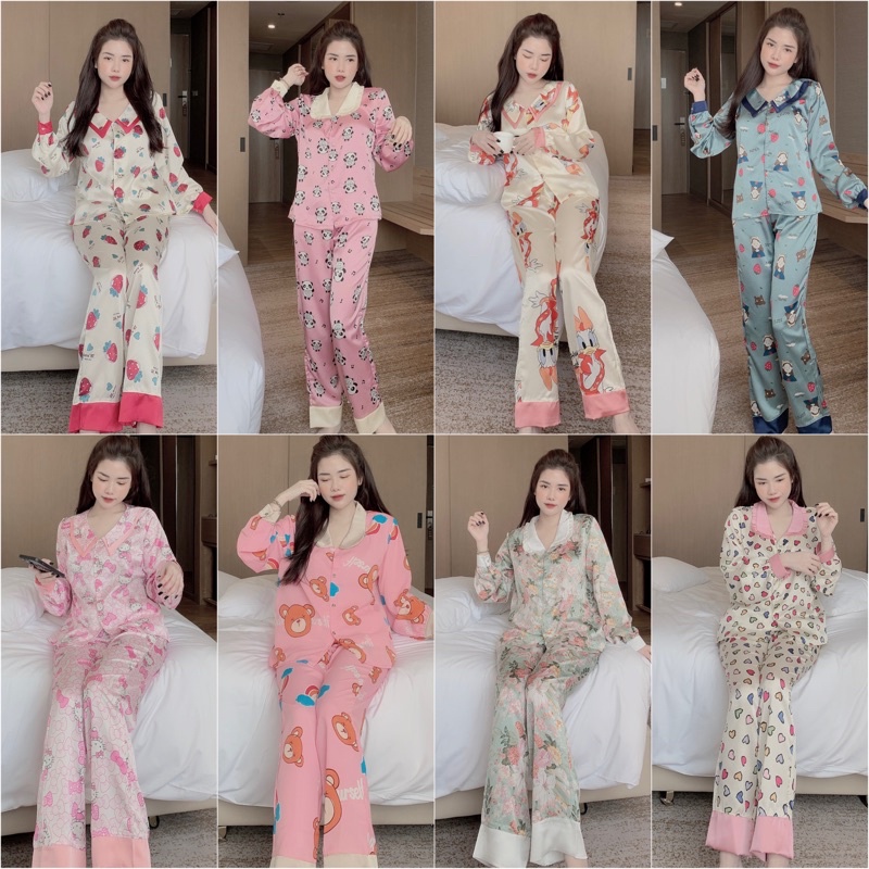 Đồ Ngủ Đồ Bộ Pijama Bộ Lụa Tay Dài Tiểu Thư Chất Liệu Satin Siêu Đẹp