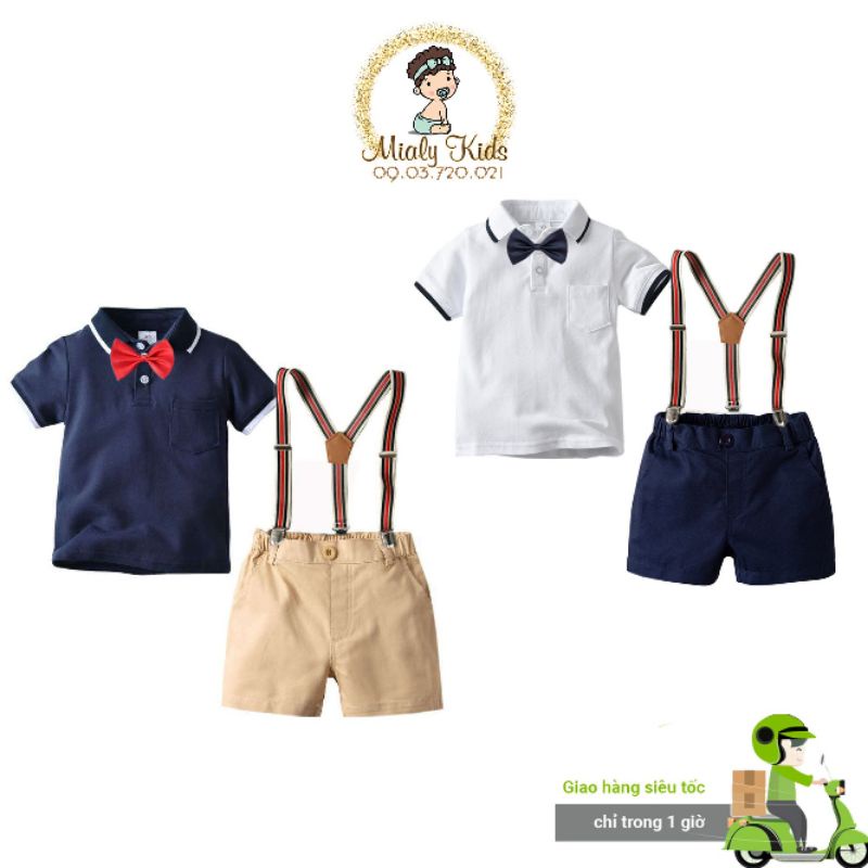 Set yếm công tử áo polo 2 màu trắng-xanh cho bé trai (6-16Kg) - Vải thun cá sấu co dãn thoải mái cho bé