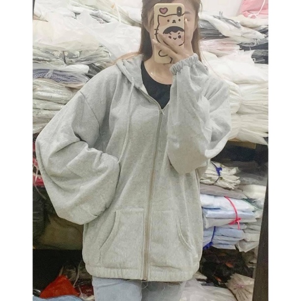 Áo Khoác Hoodie Nỉ Trơn Unisex🌸 Áo tay bồng khóa kéo có mũ hàng thu đông - Hàng mới về