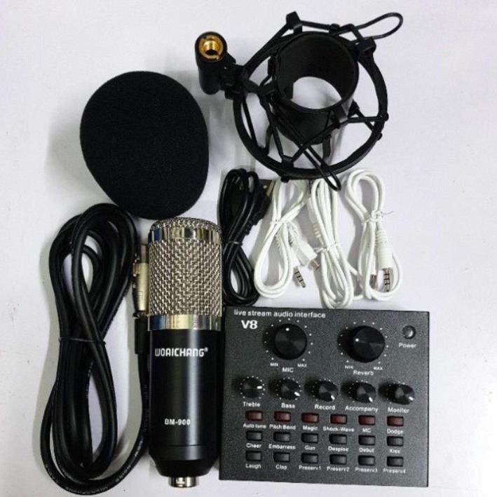 Combo Soundcard V8 AQTA Chính Hãng Bluetooth + Mic Karaoke Livetream BM 900, Có AutoTune Chuẩn Phòng Thu