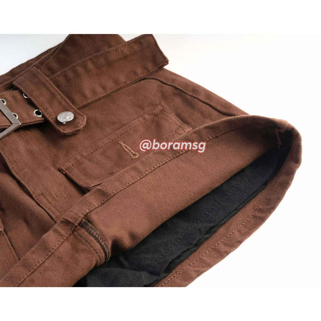 Chân váy túi hộp, chân váy chữ a ngắn kaki jean thắt lưng bản to và khuy cách điệu BORAM SG