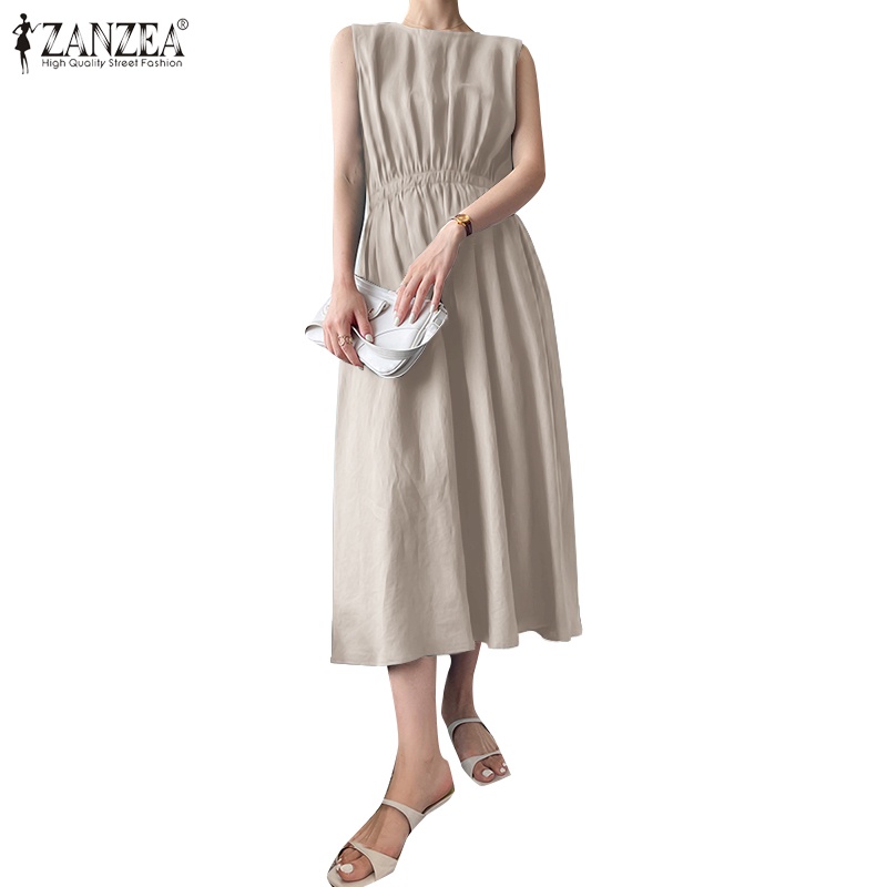 Đầm dài ZANZEA không tay cổ tròn phối dây rút thanh lịch thời trang cho nữ