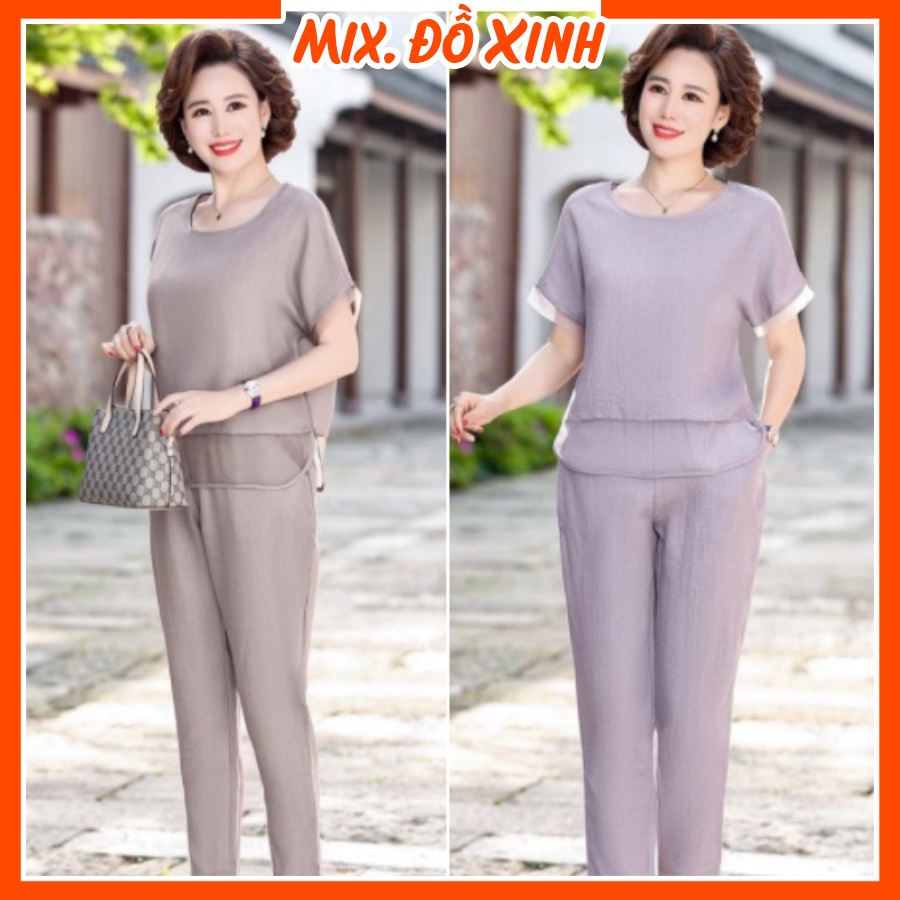 Đồ bộ nữ mặc nhà Thu Hà quần áo trung niên cho mẹ, chất liệu đũi mềm mát, thấm hút mồ hôi cực tốt ĐBH.27