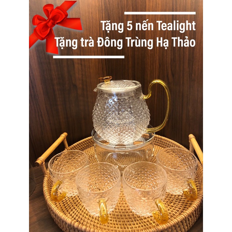 Bộ Ấm pha trà thuỷ tinh vảy rồng có lõi lọc + 4 tách + bếp nến