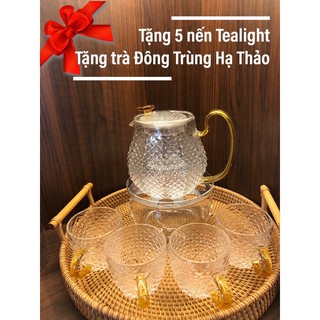 Bộ Ấm pha trà thuỷ tinh vảy rồng có lõi lọc + 4 tách + bếp nến