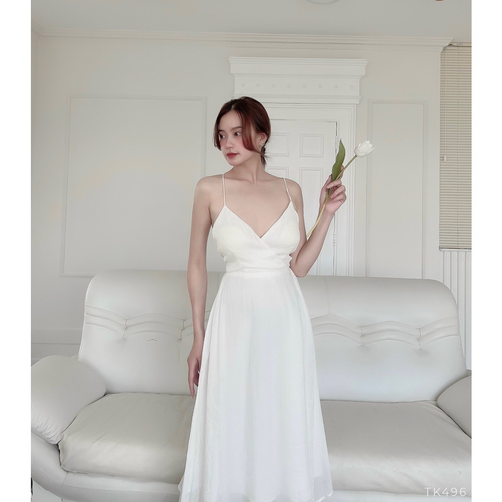 Đầm midi 2 dây chéo lưng cột nơ siêu sexy