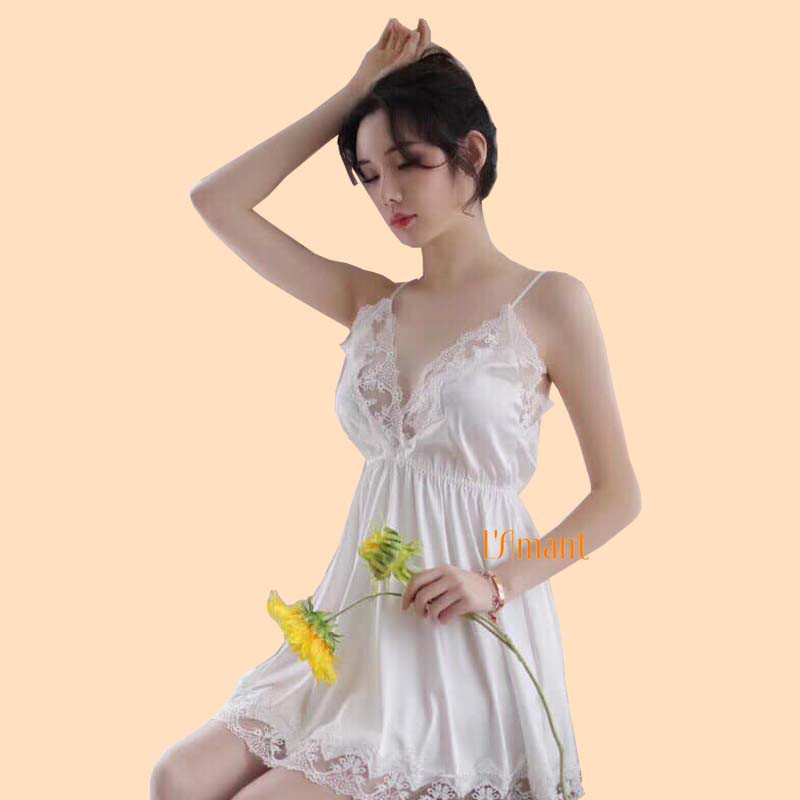 Đầm mặc nhà phi lụa phối ren Lamant (Clip+Ảnh thật)