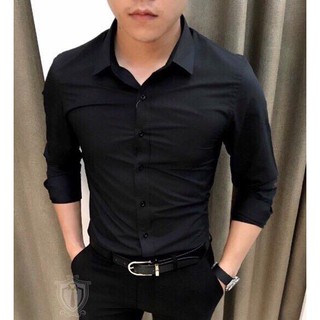 Áo sơ mi nam đen dài tay trơn lụa hàn quốc đẹp không nhăn