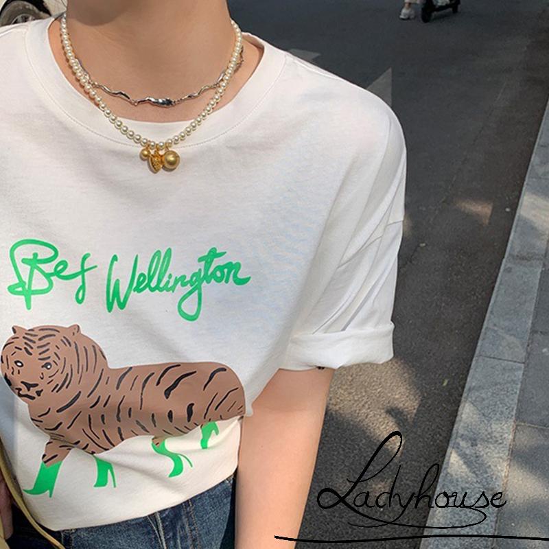 Áo Thun Tay Ngắn Cổ Tròn In Họa Tiết Hổ Và Chữ Thời Trang Cho Nữ