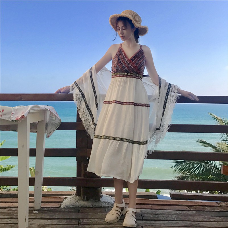 [SẴN] Váy maxi thổ cẩm mix chân trắng xòe | BigBuy360 - bigbuy360.vn