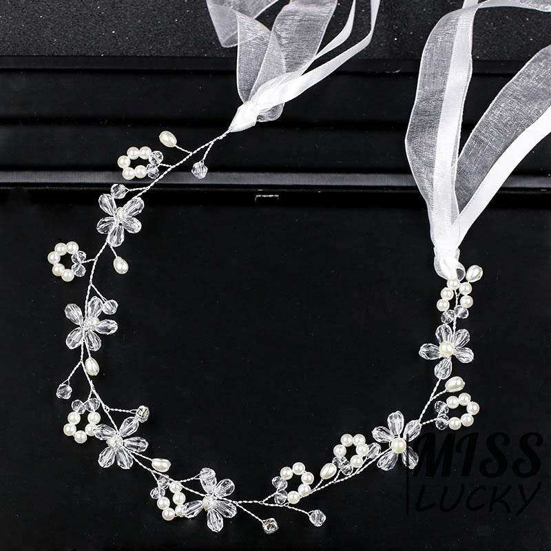 Băng đô cài tóc hoa đính đá ngọc trai buộc dây ruy băng dễ thương ngọt ngào dành cho nữ
