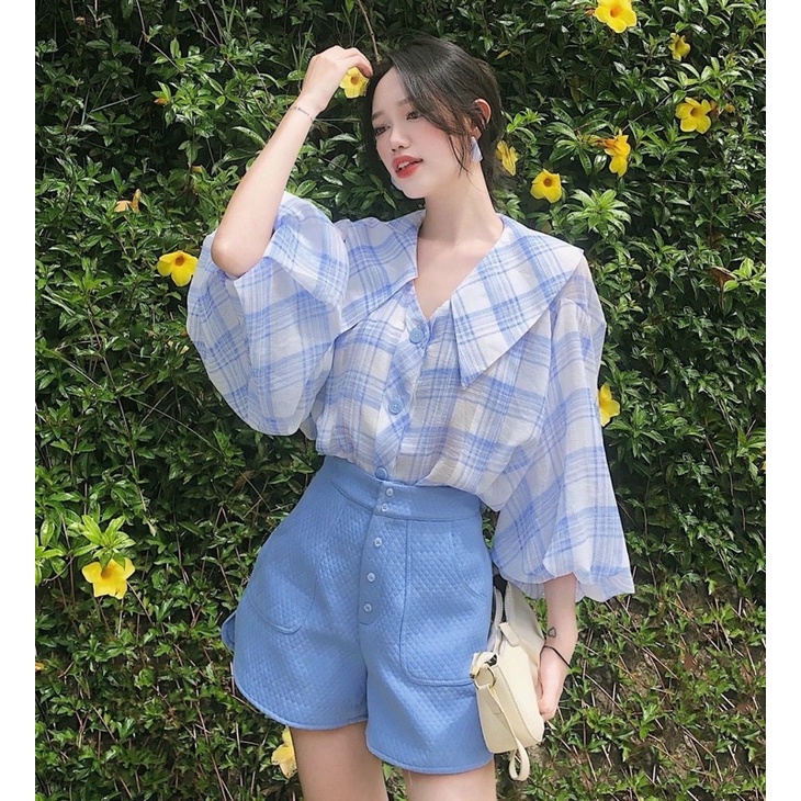 Set áo kẻ xanh tay bồng cổ nhọn + quần short gài nút [kèm hình thật]