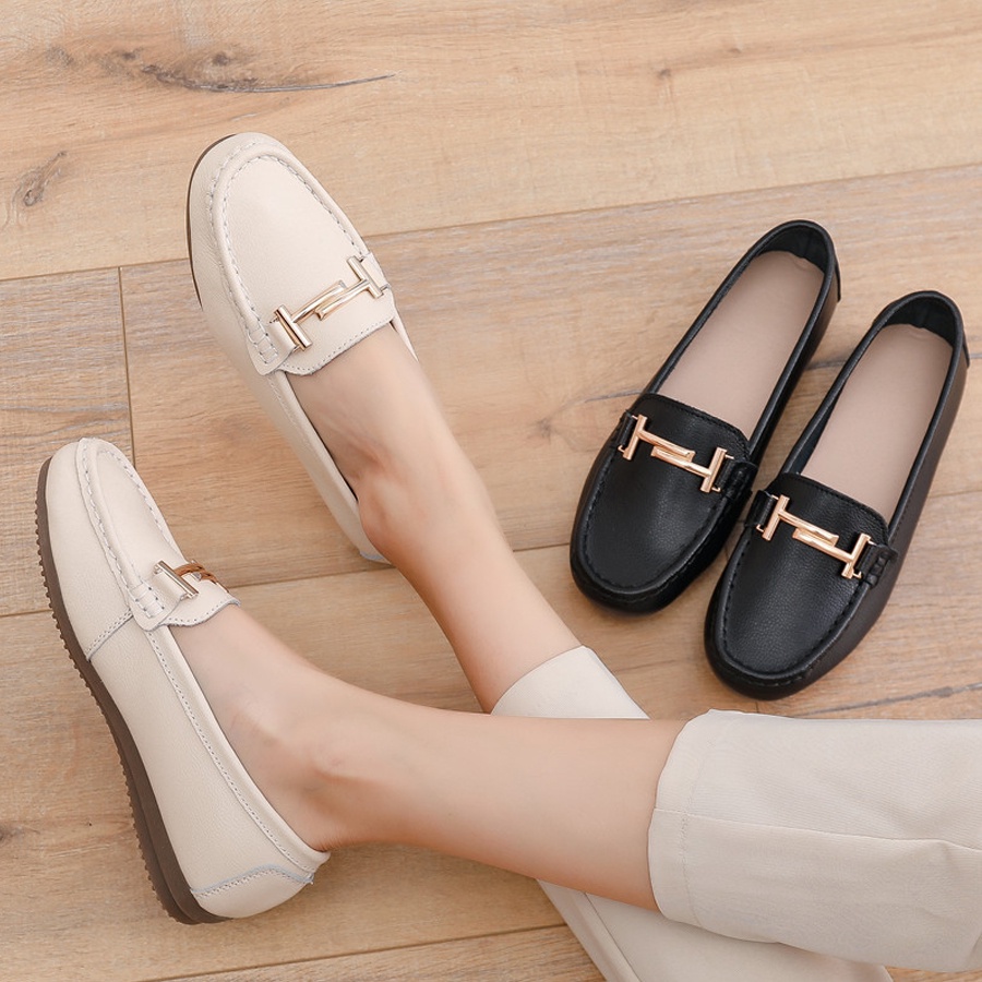 Giày lười nữ chất liệu da vải slip on kiểu mọi đế cao màu trắng độn đế bảo hành 1 năm GD11 TIMAN