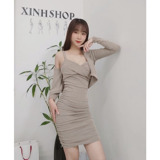 Set Len Body 2 Dây Kèm Aó Khoác, Đầm Body Xoắn Ngực Siêu Tôn Dáng